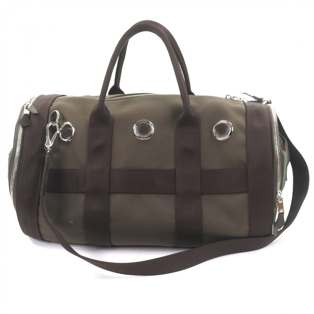 HERMES Toile Military Leather 2-Way Dog Carrier/Pet Carrier Boston Bag, Khaki...